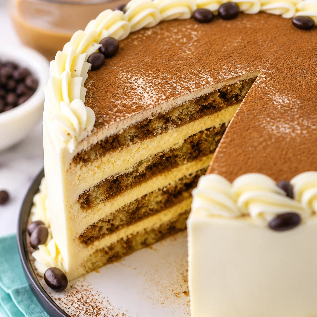 Easy Tiramisu Cake with coffee-soaked layers and creamy mascarpone filling.