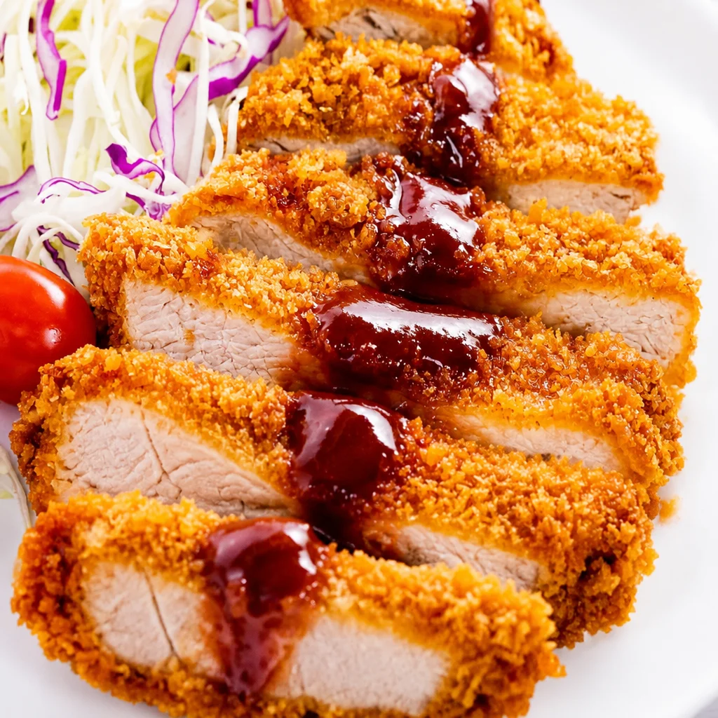 Easy Tonkatsu - Japanese Crispy Pork Cutlet served with katsu sauce.