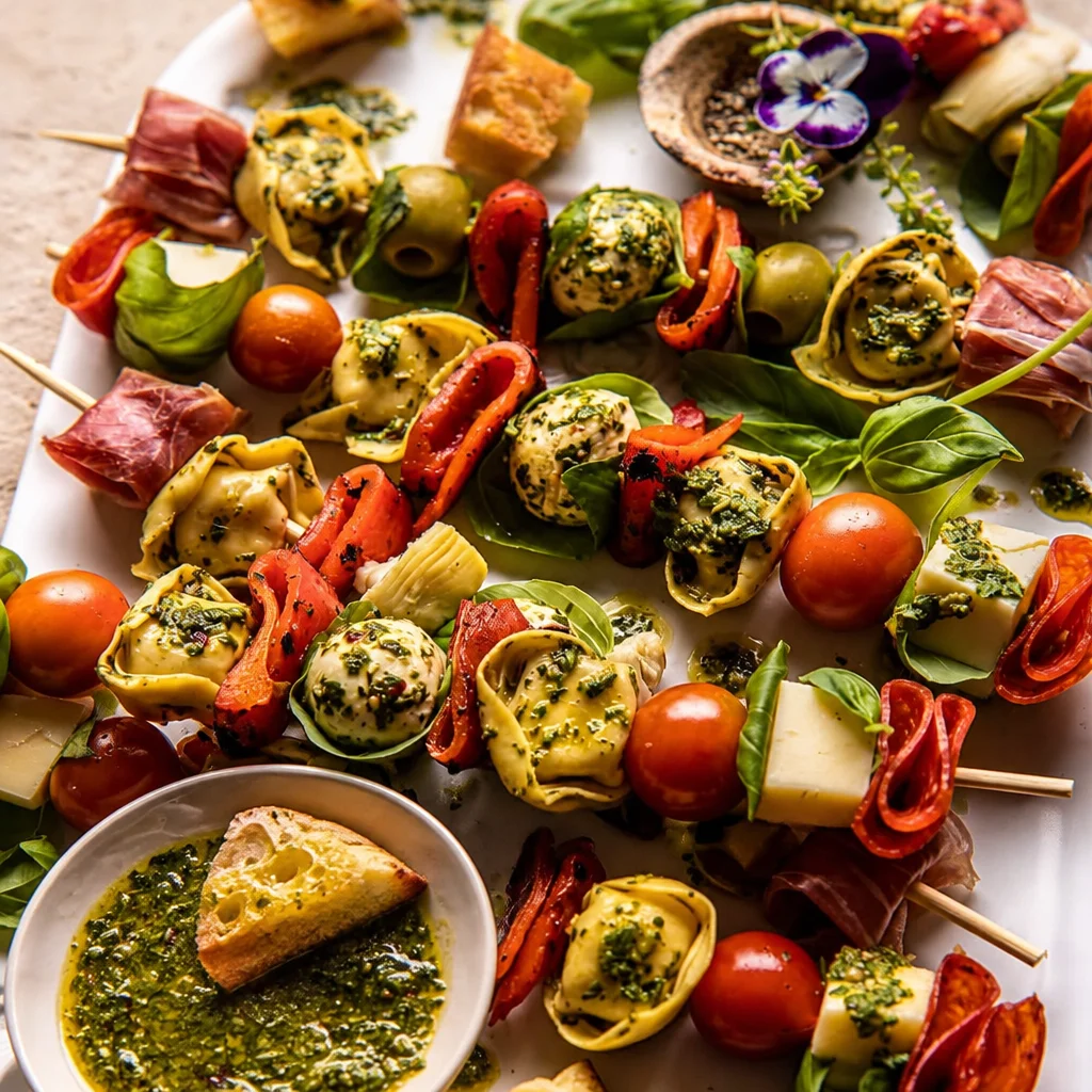 Easy Tortellini Pasta Salad with pesto, cheese, meats, and fresh vegetables.