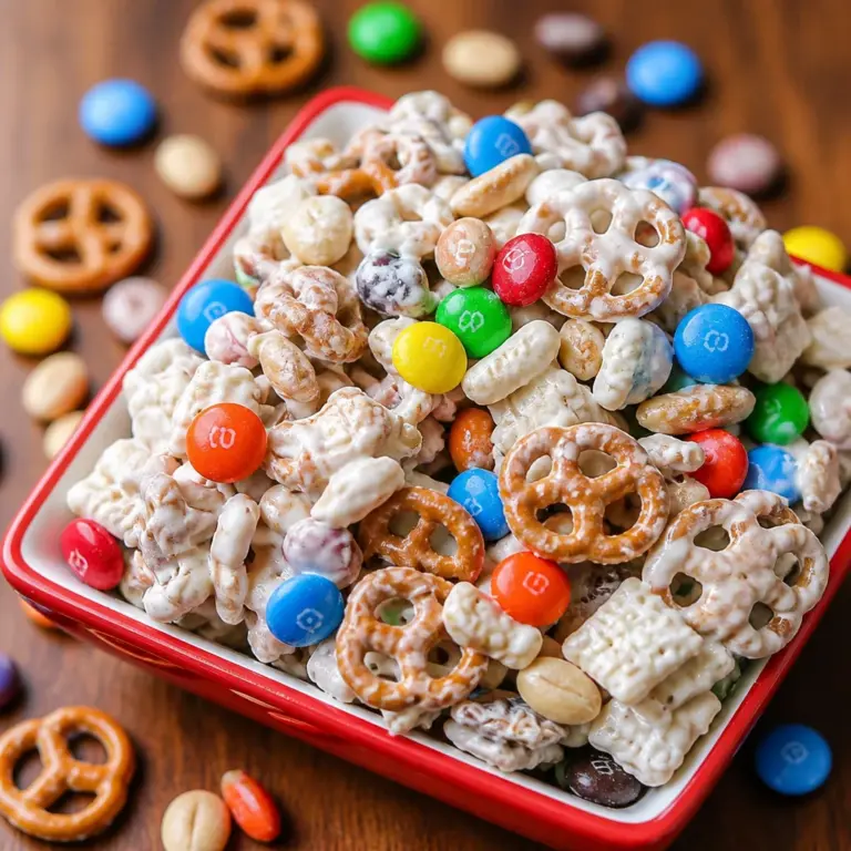 A delicious Easy Trash Mix Snack featuring Chex, pretzels, M&Ms, and white chocolate, ideal for parties.