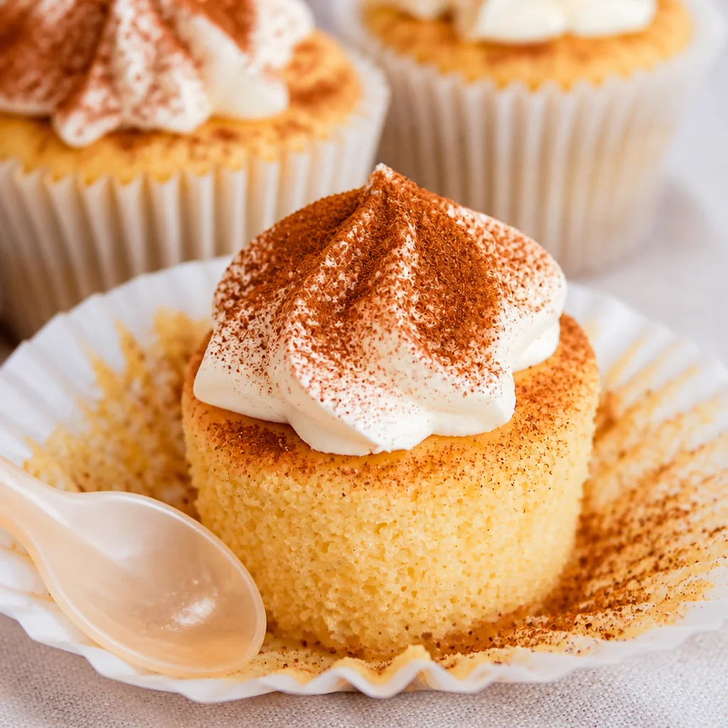 Easy Tres Leches Cupcakes—Soaked Mini topped with whipped cream and cinnamon.