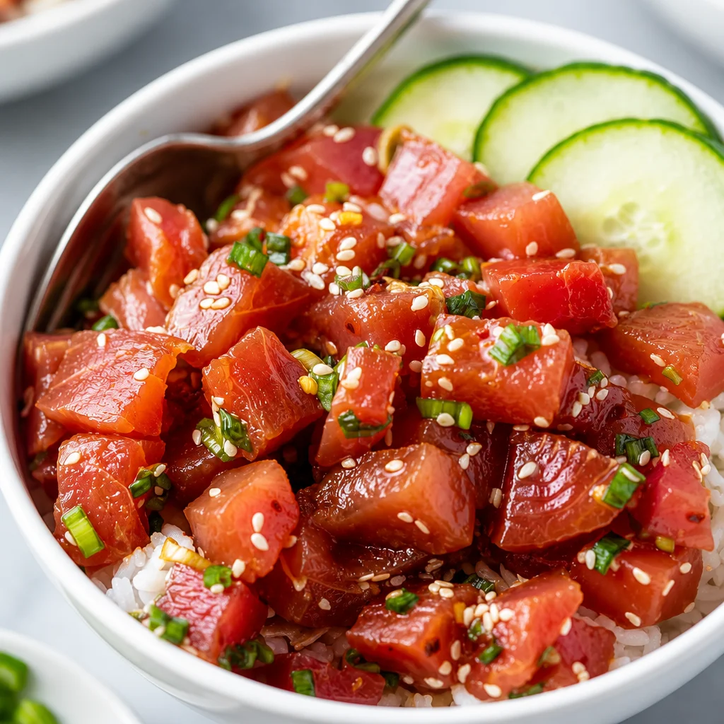 Easy Tuna Poke Bowl with Hawaiian Sesame Soy, fresh ahi tuna, and vegetables