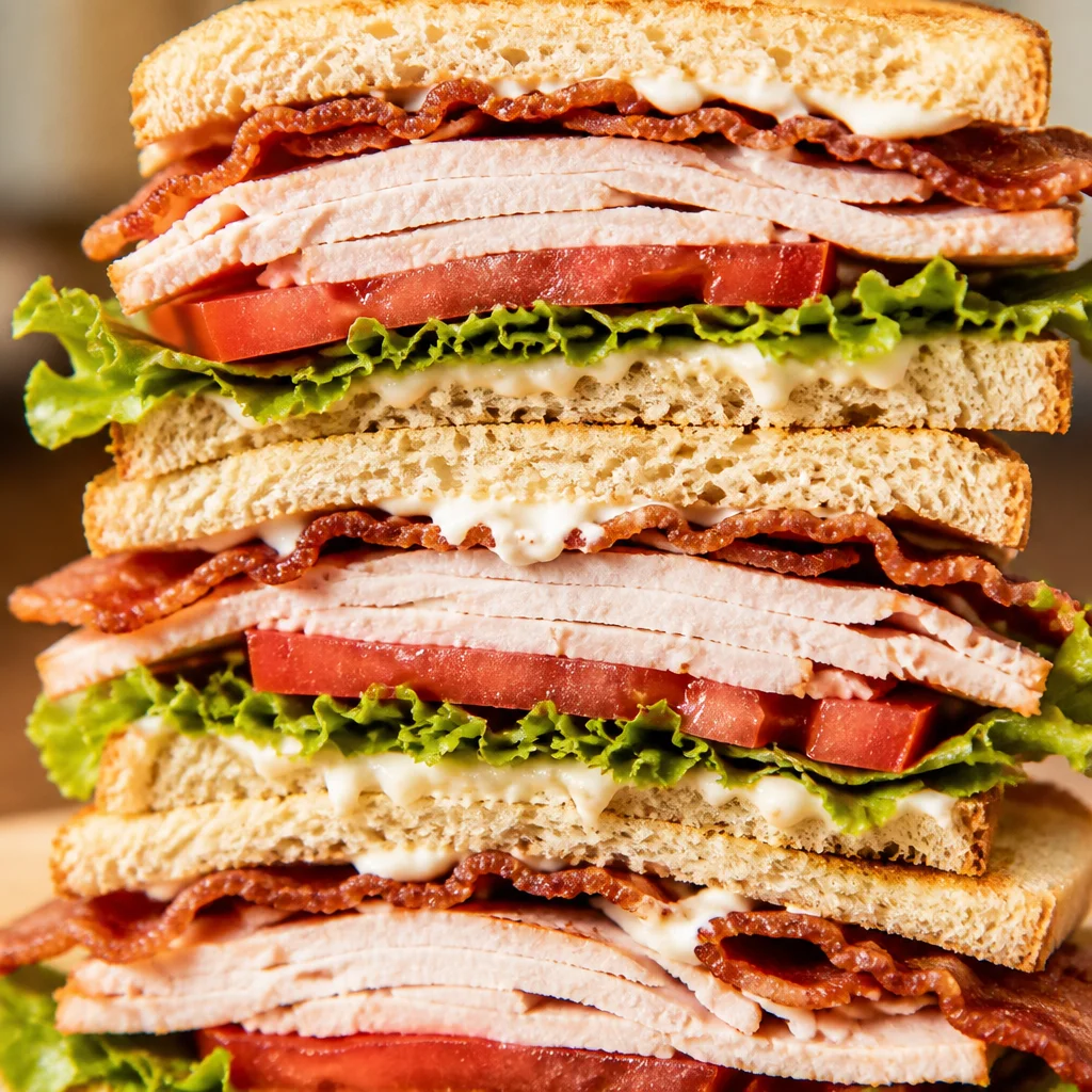 Easy Turkey Club Sandwich — Triple Decker with lettuce, tomato, and crispy bacon.