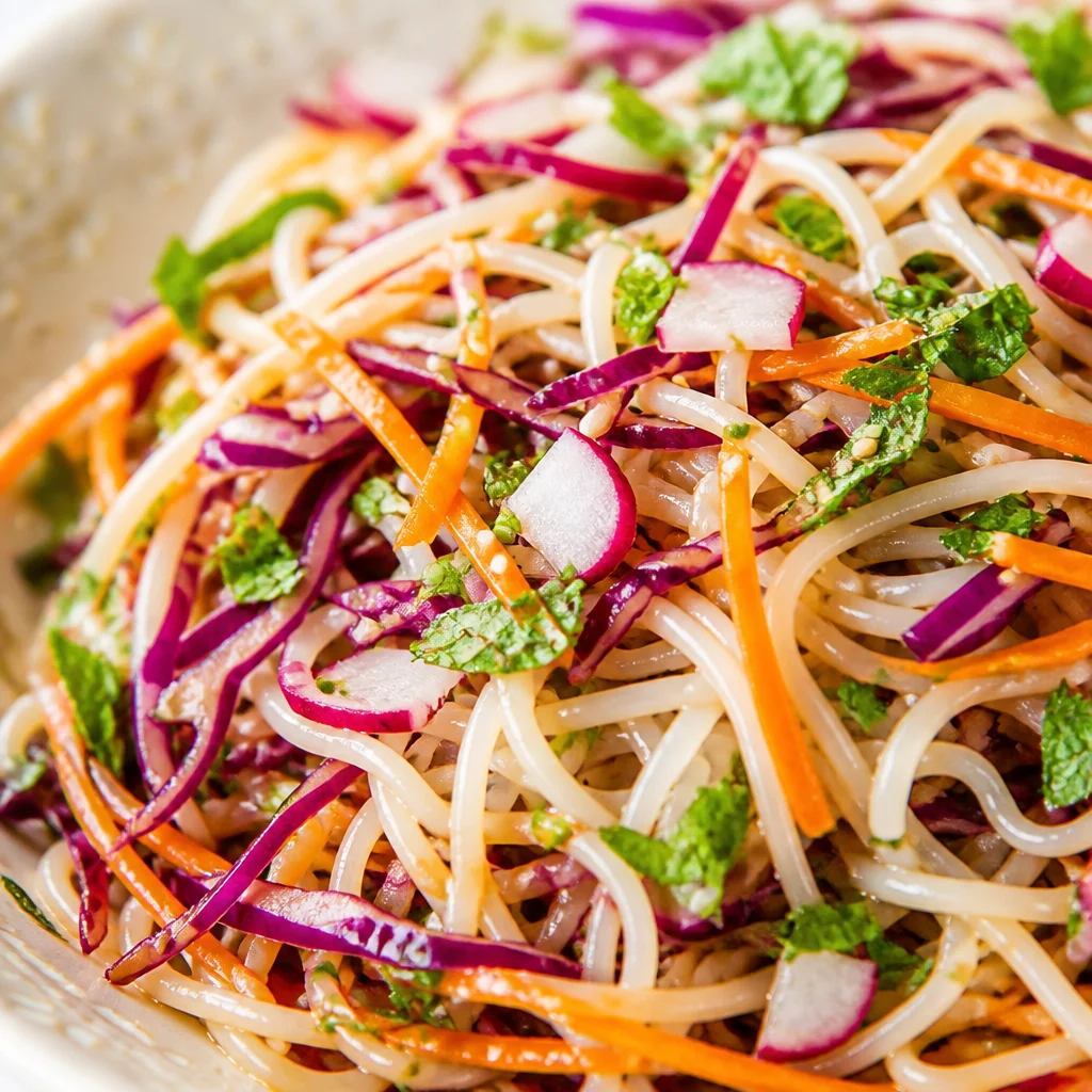 Easy Vietnamese Noodle Salad with peanut sauce, fresh vegetables, and rice noodles