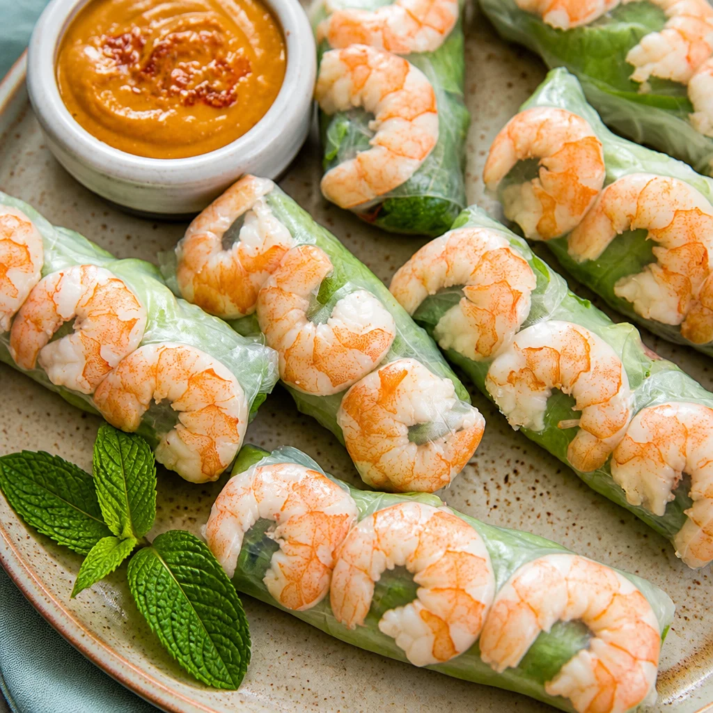 Fresh Vietnamese spring rolls wrapped in rice paper, filled with shrimp and vegetables.