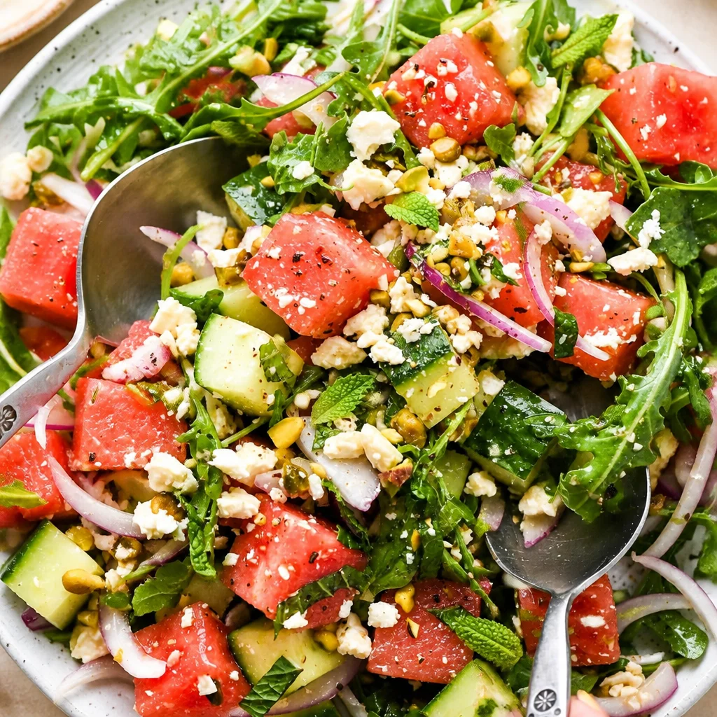 Easy Watermelon Arugula Salad with Feta and Mint, perfect for summer gatherings.