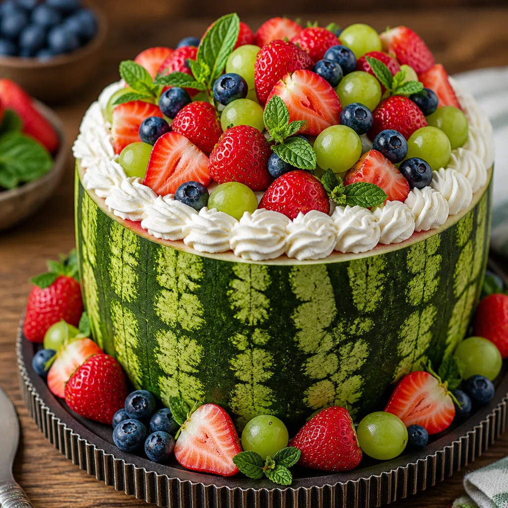 Easy Watermelon Cake decorated with fresh fruit layers, perfect for summer gatherings.