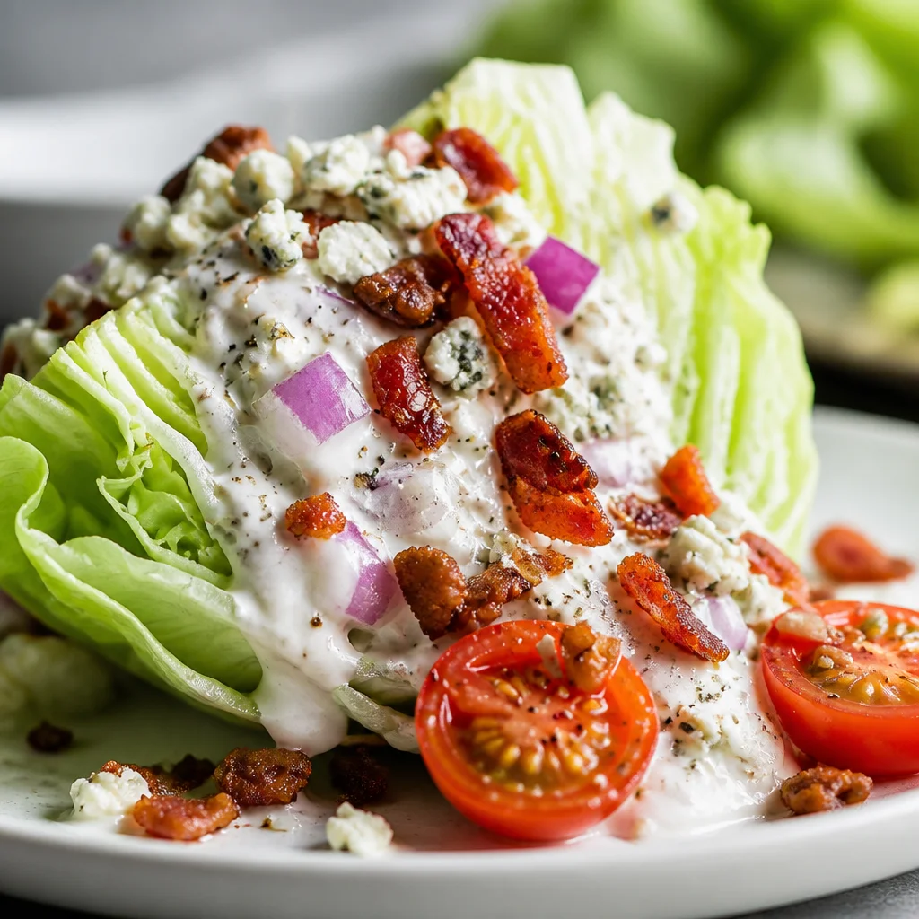 Easy Wedge Salad with iceberg lettuce, blue cheese dressing, and crispy bacon.