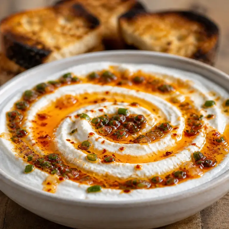 Easy whipped feta dip topped with honey and chili, served as an appetizer.