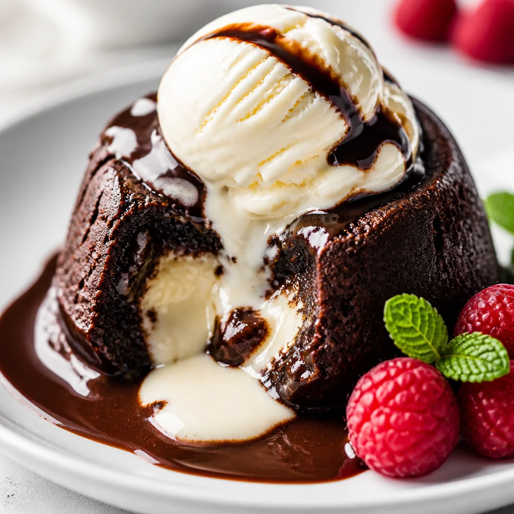 Easy White Chocolate Lava Cake with gooey molten center served with fresh berries.