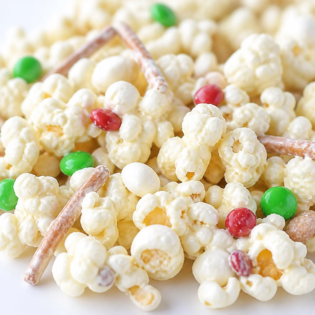 Delicious Easy White Chocolate Popcorn ready for snacking or gifting, loaded with flavor.