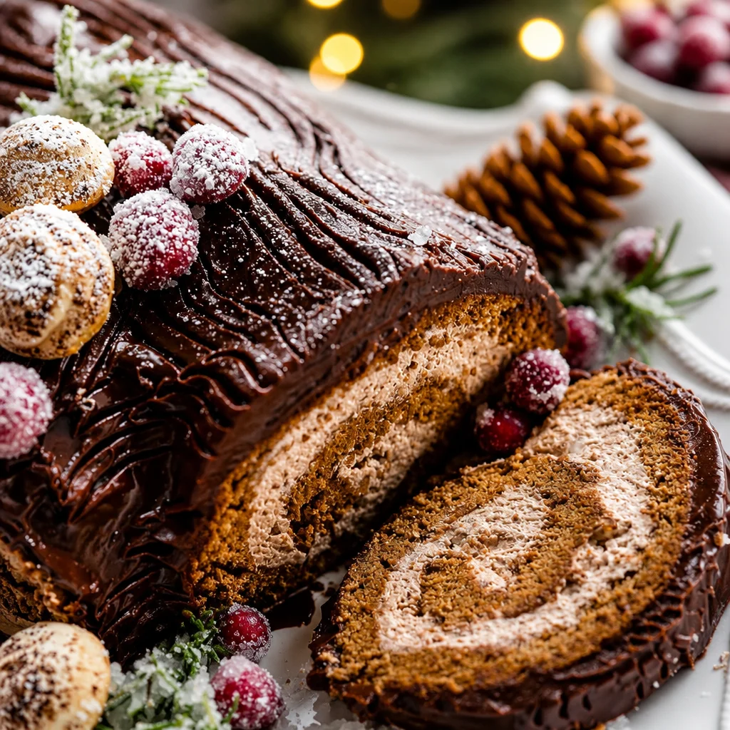 A beautifully decorated Easy Yule Log Cake with chocolate ganache and cream filling.