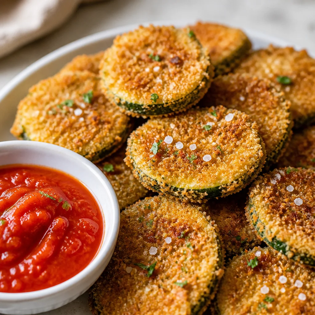 Crispy oven-baked zucchini chips on a baking sheet, ready to serve.