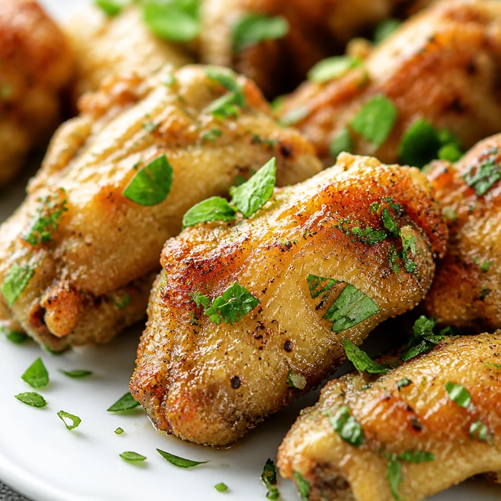 Crispy Garlic Parmesan Chicken Wings topped with melted butter and herbs