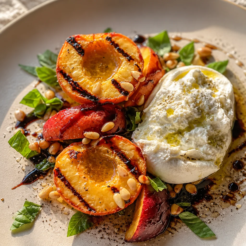 Grilled Peach and Burrata Salad with arugula and prosciutto on a plate.