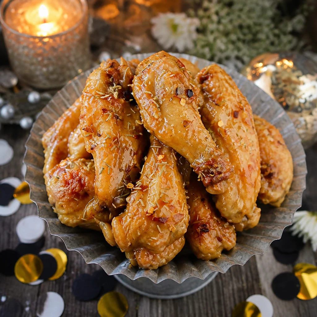 Honey Mustard Glazed Wings, oven-baked and coated in sweet spicy sauce