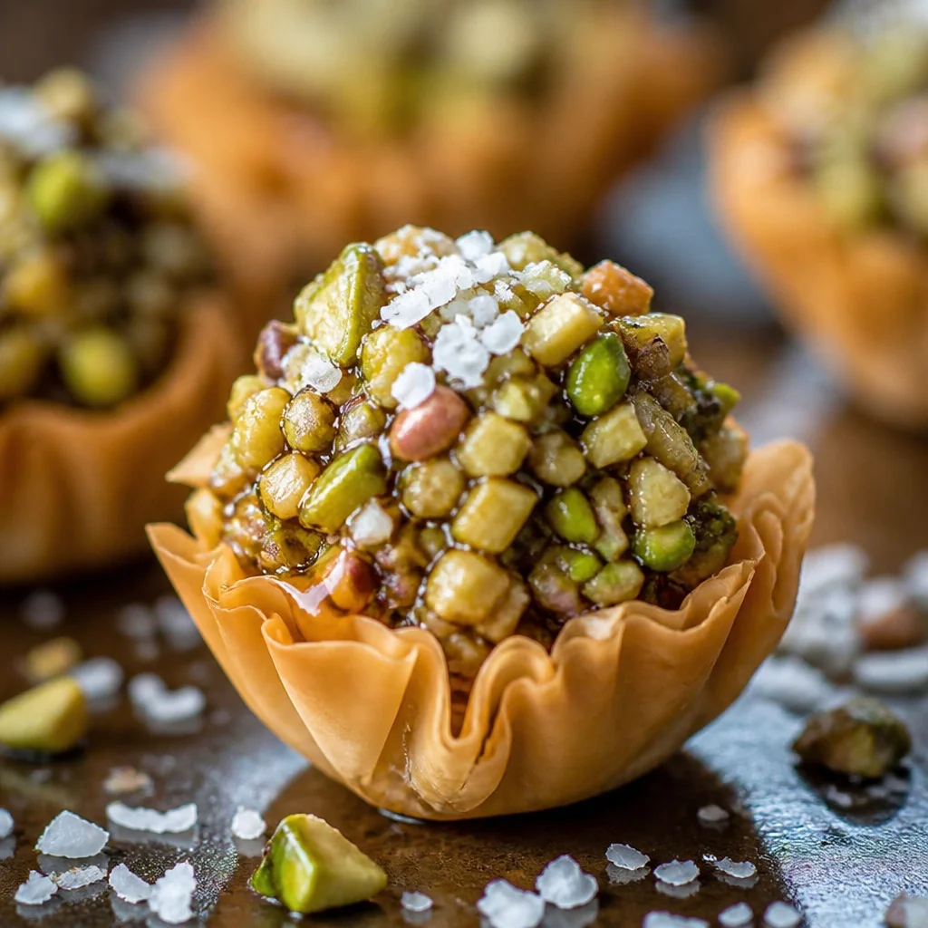 Honey Pistachio Baklava Cups with flaky phyllo and honey drizzle