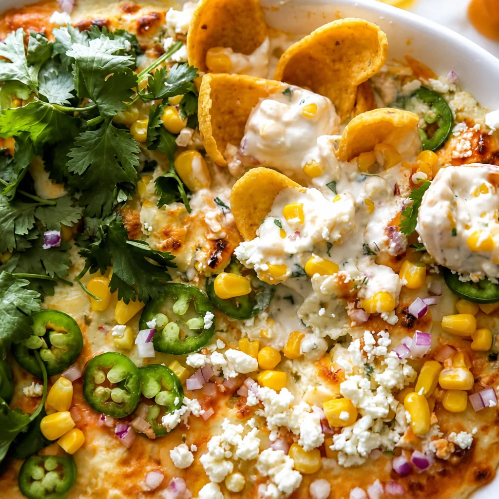 Creamy Mexican Street Corn Dip with roasted corn, spices, and cheese, served with chips.