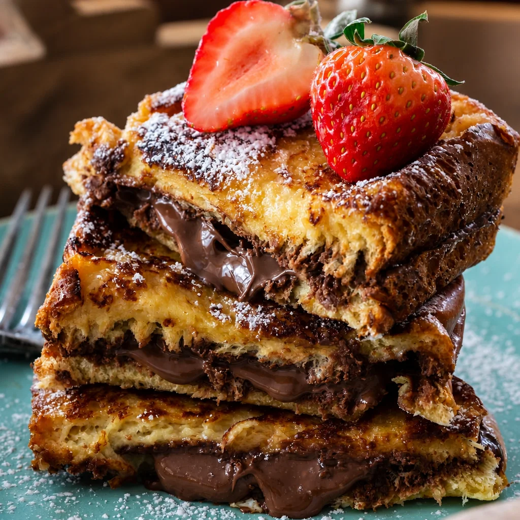 Nutella Stuffed French Toast with brioche bread and topped with syrup.