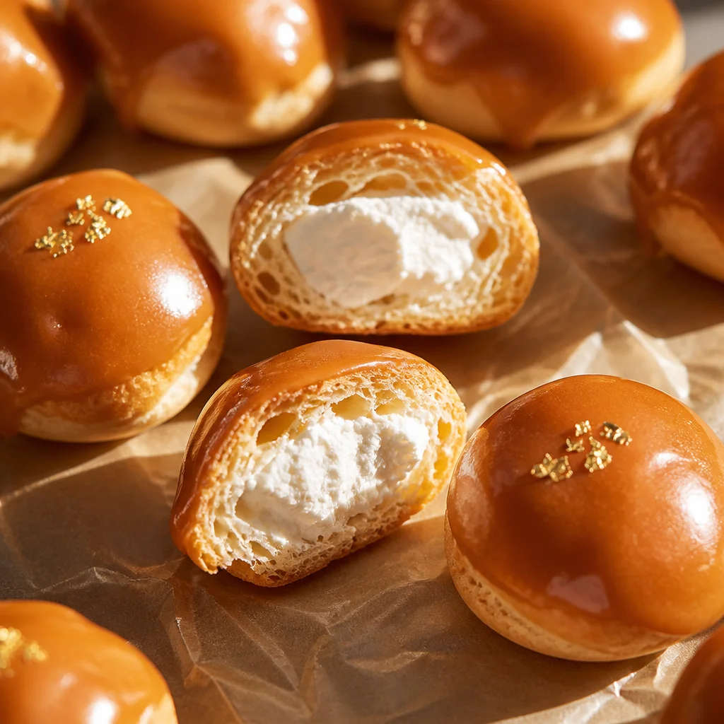 Delicious salted caramel profiteroles topped with creamy caramel sauce.
