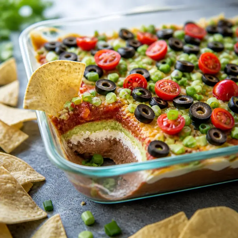 Delicious Easy 7 Layer Dip with layers of beans, guacamole, sour cream, and cheese
