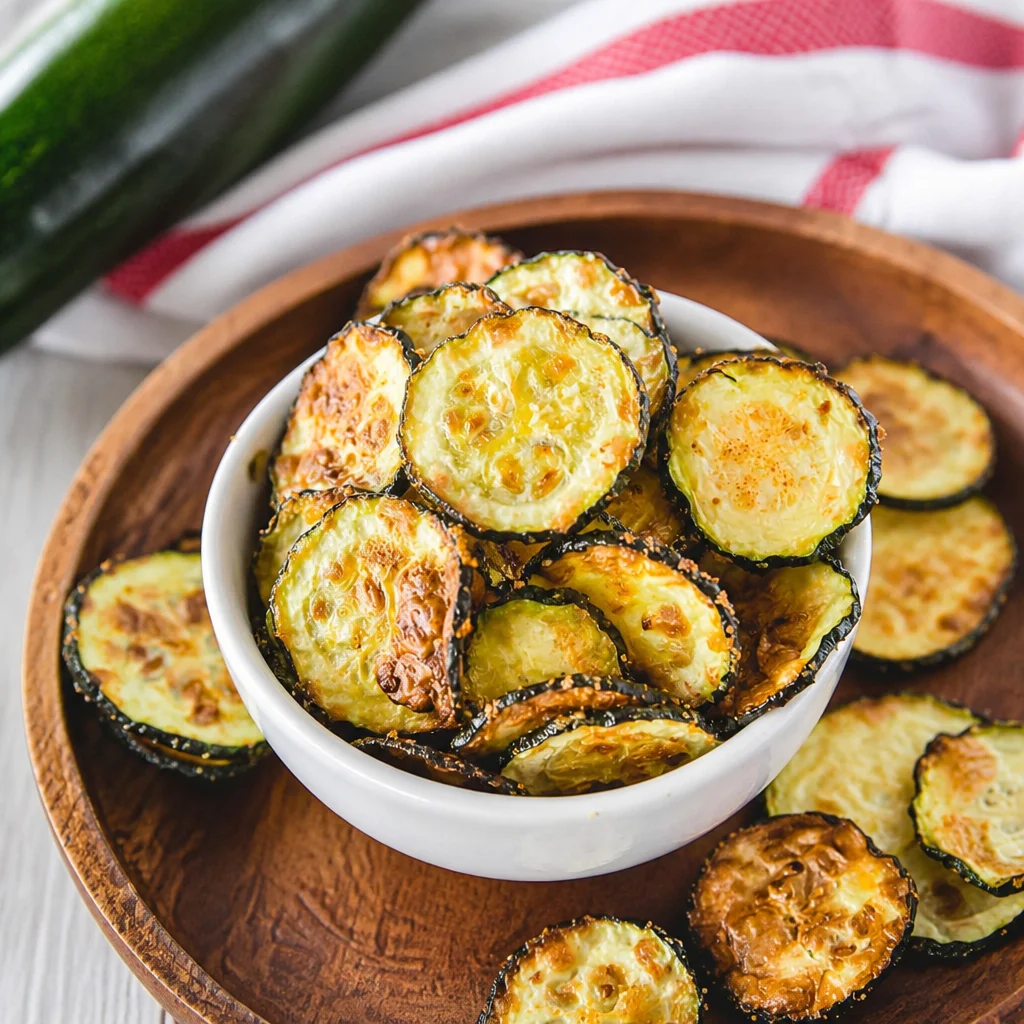 Light and crispy Easy Air Fryer Zucchini Chips ready for snacking.