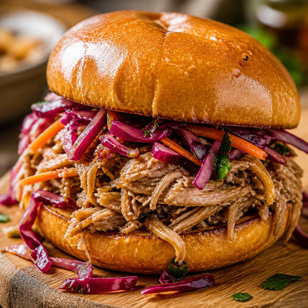 Tender Easy Apple Cider Pulled Pork prepared in a slow cooker for fall meals.