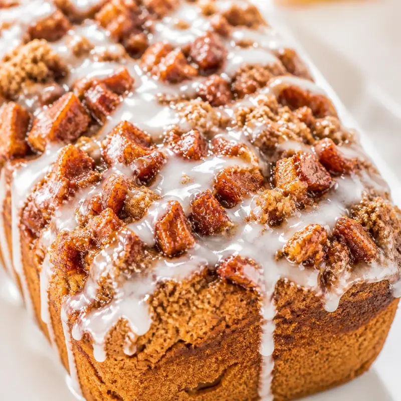 Sliced Easy Apple Fritter Bread with cinnamon glaze and apple chunks on a plate.