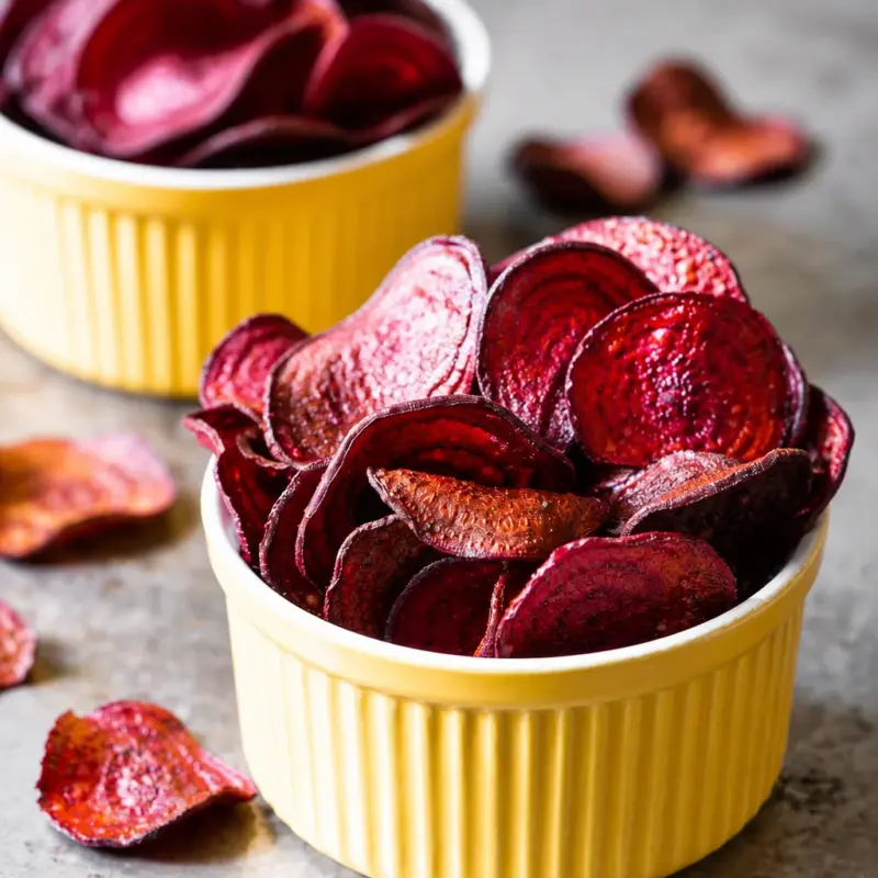 Crispy oven-baked beet chips served as a colorful and healthy snack option.