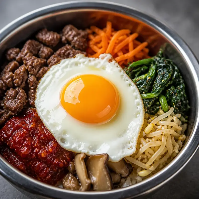 Easy Bibimbap with ground beef, rice, and assorted vegetables in a bowl