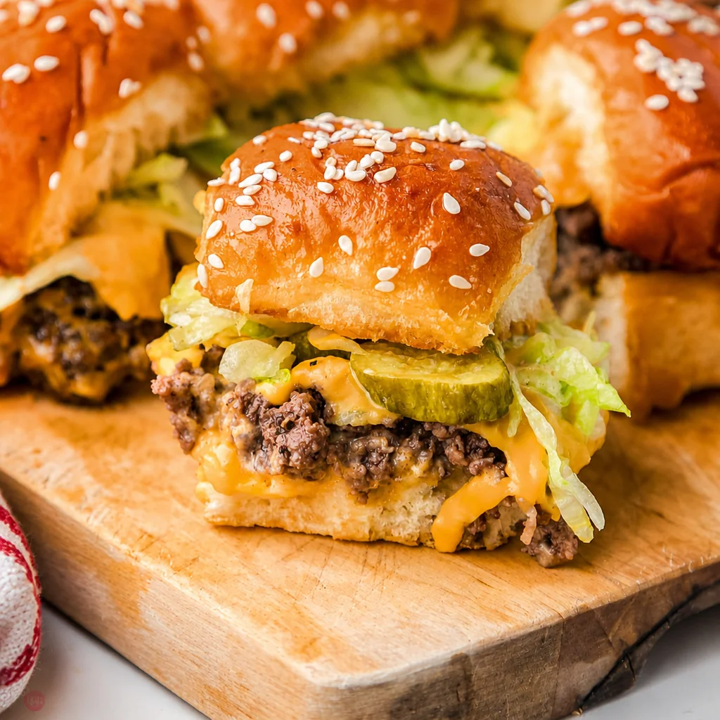Delicious Easy Big Mac Sliders with special sauce, cheese, and pickles on sesame seed rolls.