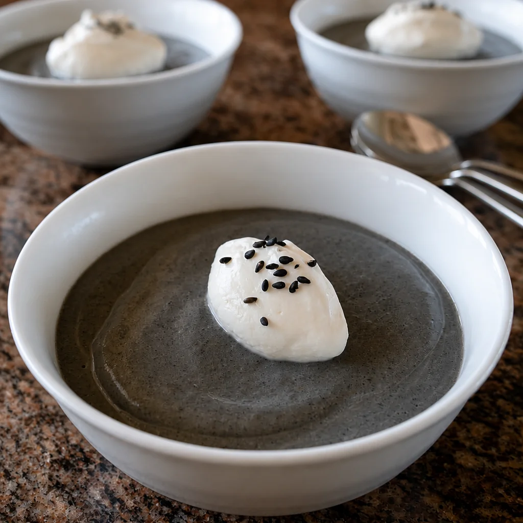Delicious Easy Black Sesame Ice Cream served in a bowl with a sprinkle of sesame seeds.