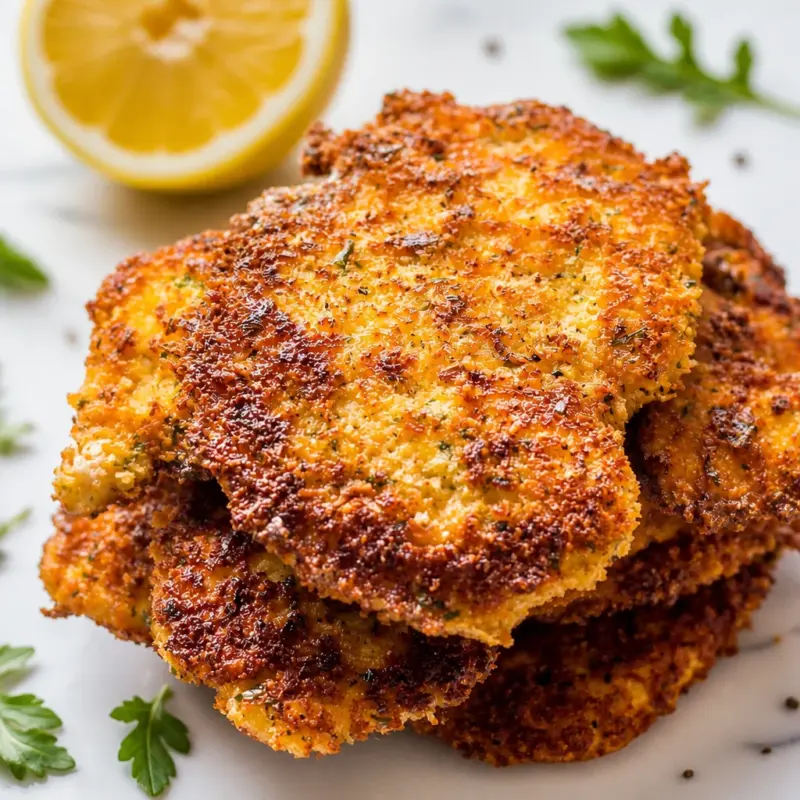 Crispy pan-fried breaded chicken cutlets served on a plate, garnished with herbs.