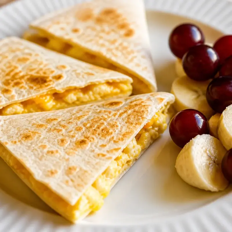 Easy Breakfast Quesadilla filled with scrambled eggs and cheese on a cutting board.