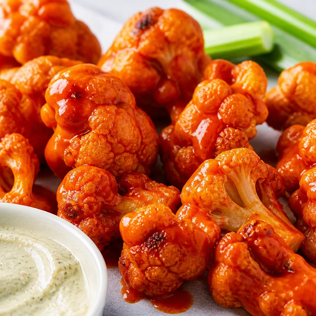 Crispy oven-baked buffalo cauliflower wings served with dipping sauce.