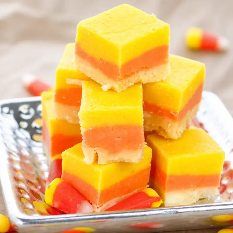 Easy Candy Corn Fudge with three colorful layers, perfect for Halloween.