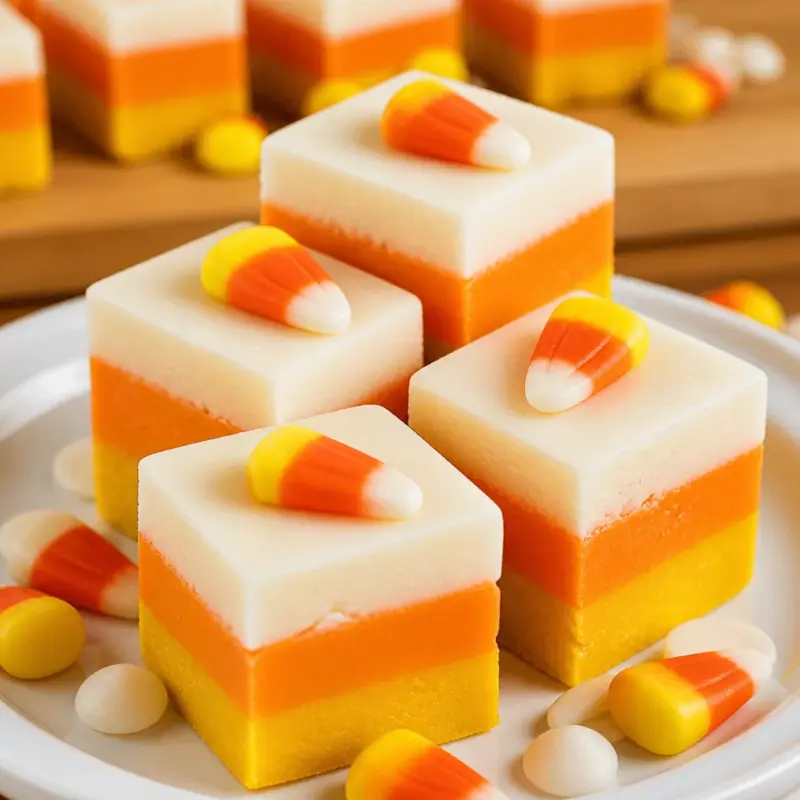 Delicious Easy Candy Corn Fudge with three colorful layers for Halloween.