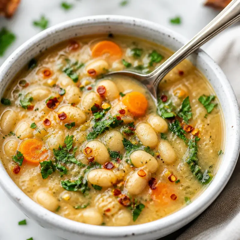 Bowl of Easy Cannellini Bean Soup with herbs and olive oil.