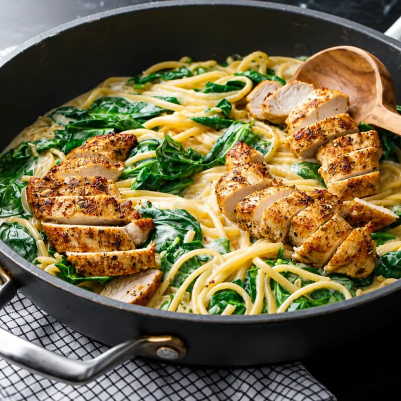Easy Chicken Florentine Pasta with creamy spinach and tender chicken in a garlic sauce.