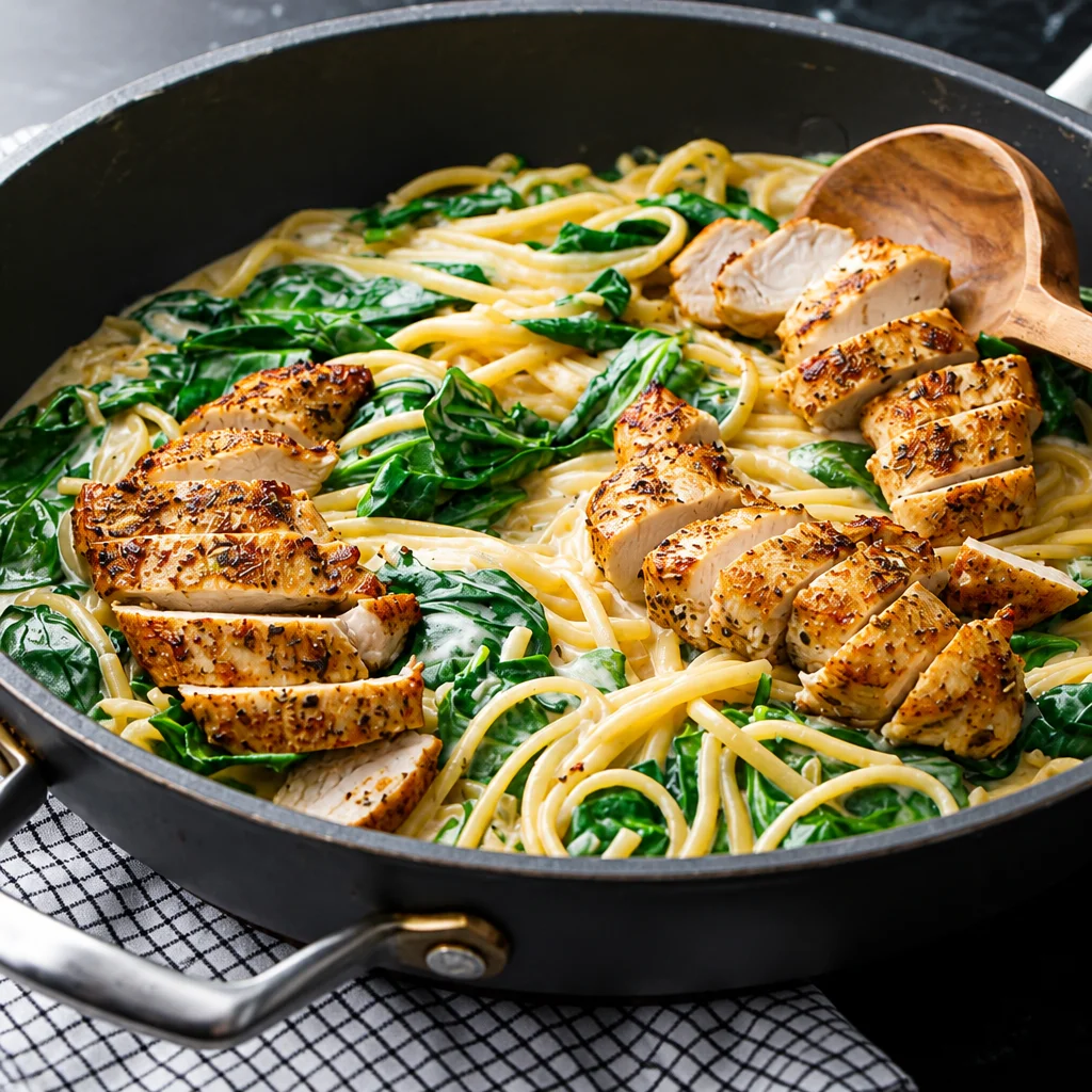 Easy Chicken Florentine Pasta with creamy spinach and tender chicken in a garlic sauce.