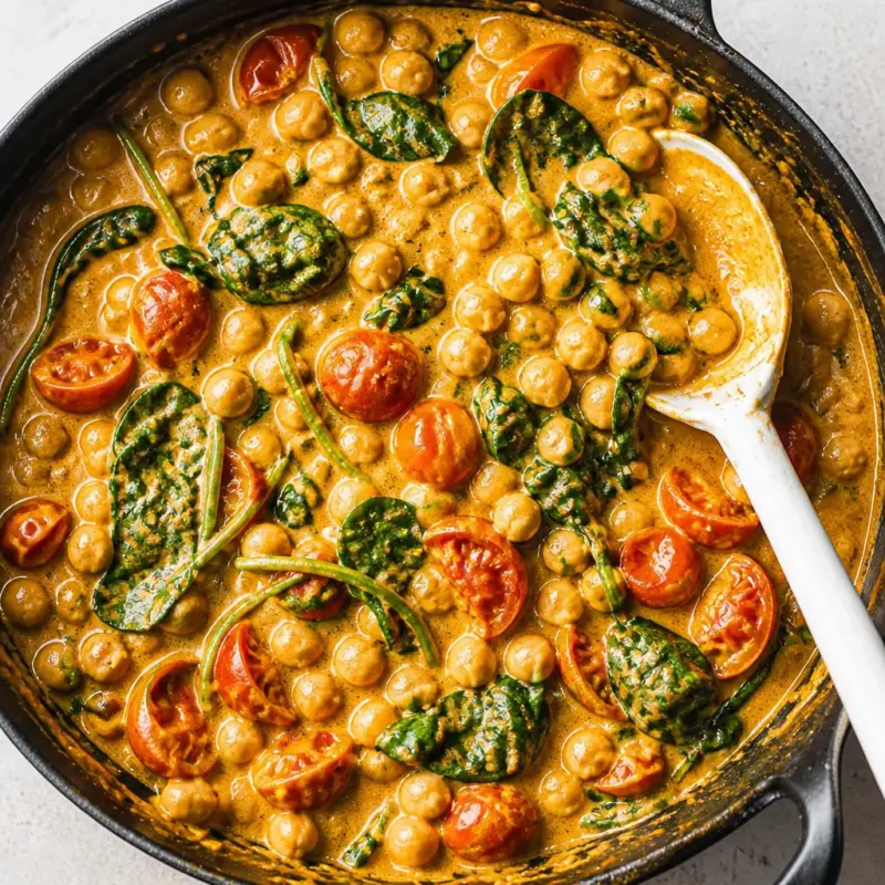 Bowl of Easy Chickpea Curry served with rice and naan, featuring vibrant spices.