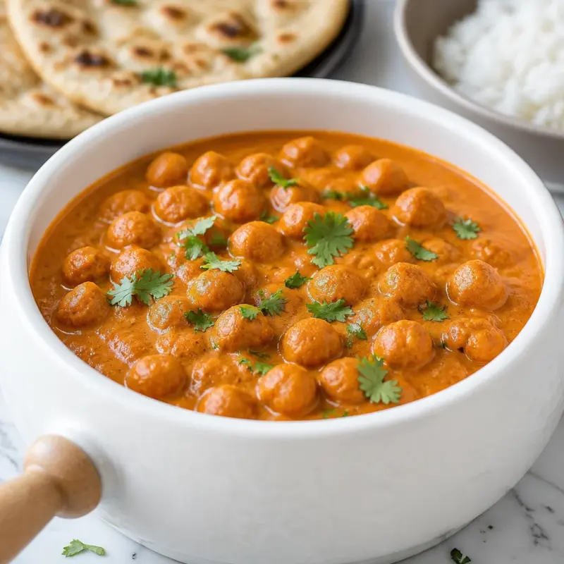Bowl of Easy Chickpea Tikka Masala with fresh herbs, served over rice.