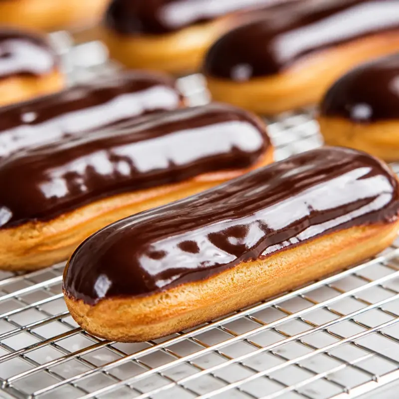 Easy Chocolate Eclairs with rich pastry cream filling and glossy chocolate glaze
