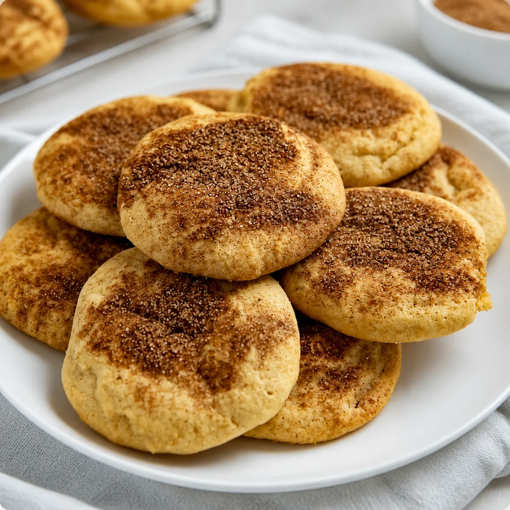 Plate of soft and chewy Easy Christmas Snickerdoodle Cookies coated in cinnamon sugar.