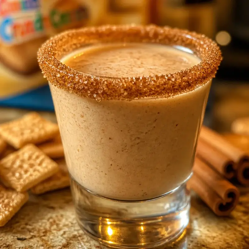 Easy Cinnamon Toast Crunch Shots served in a shot glass with a cinnamon sugar rim.