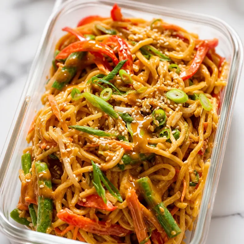 Bowl of Easy Cold Sesame Noodle Salad topped with colorful vegetables and peanut dressing.