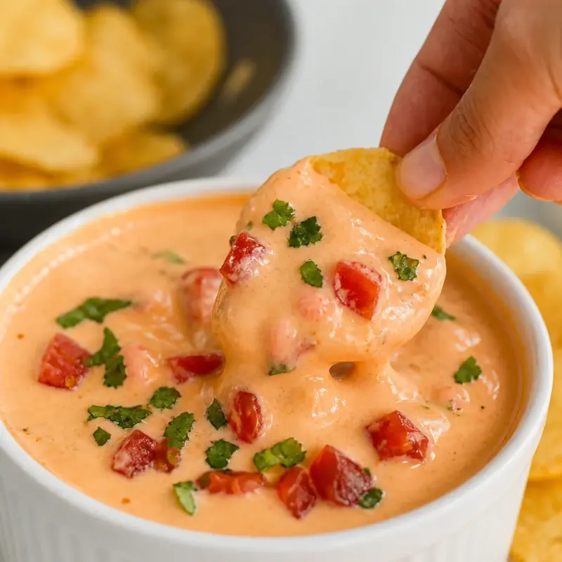 Easy Cottage Cheese Queso — High Protein Dip served with tortilla chips and veggies.