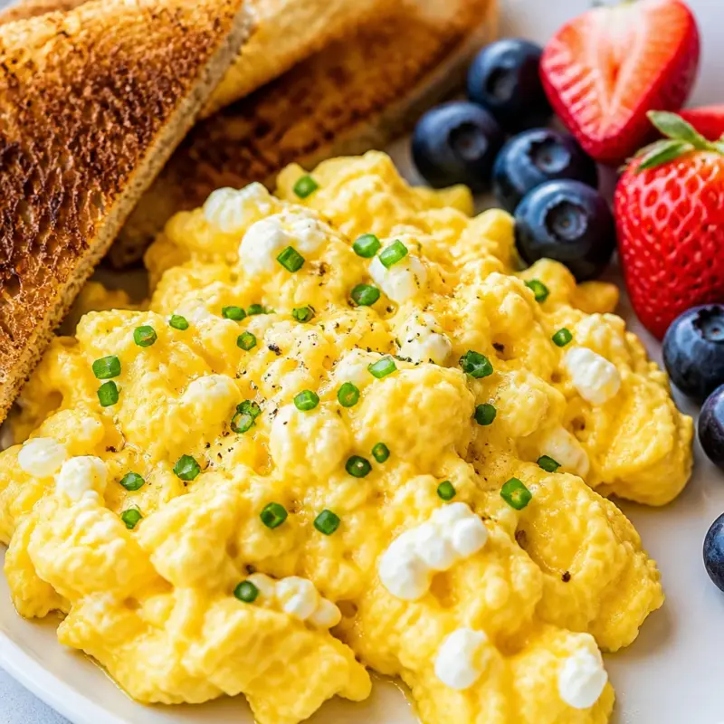 Fluffy Cottage Cheese Scrambled Eggs in a skillet for a healthy breakfast