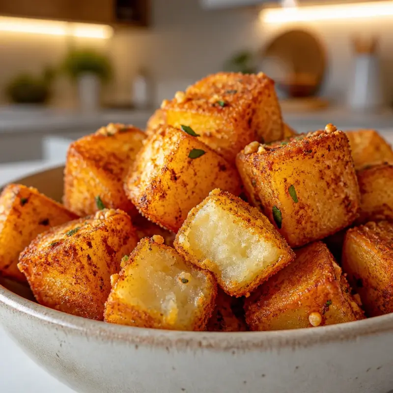 Easy Crispy Potato Cubes seasoned and cooked in an air fryer, golden and delicious.