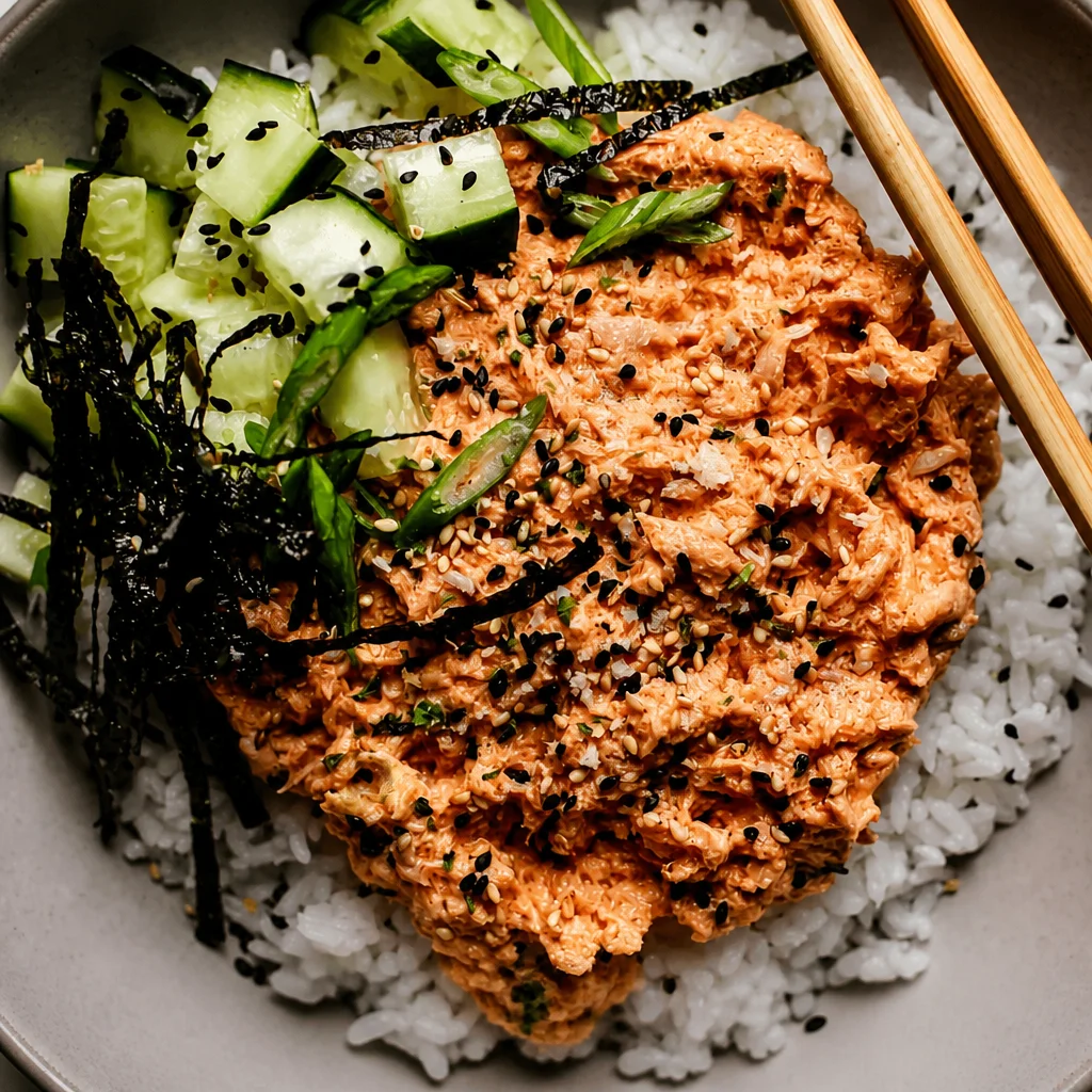 Easy crispy rice bowl topped with spicy tuna and fresh vegetables.